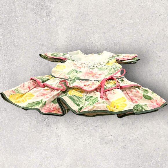 2T Girls Vintage Winnie the Pooh 80s Floral Spring Dress Lace Bib, Tiered Skirt - Picture 3 of 8